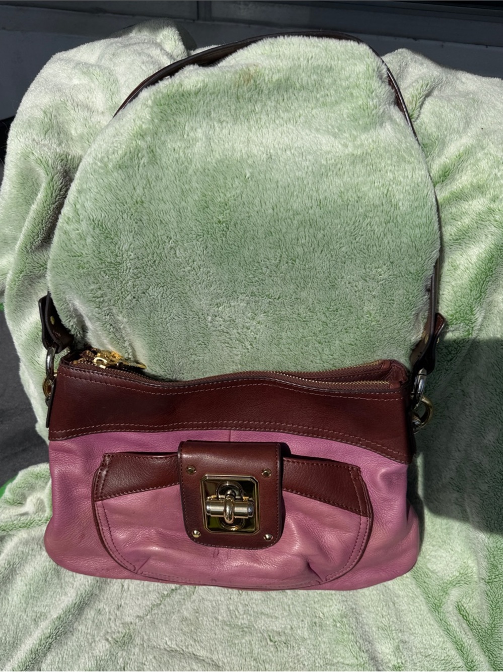 b. makowsky Pink and Brown Leather Shoulder Bag with Gold Hardware Accent